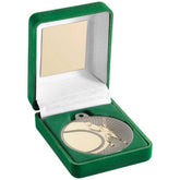 GREEN VELVET BOX AND 50mm TENNIS MEDAL TROPHY MATT SILVER/GOLD - 3.5in
